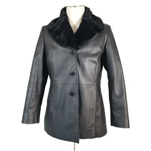 Worthington Leather Coat Womens Large Black Lined removable fur collar Insulated
